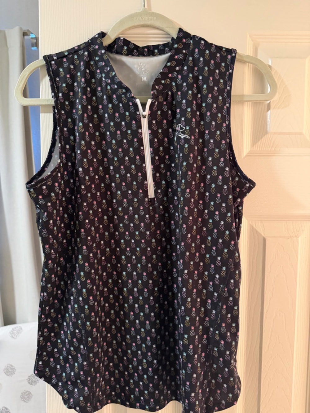 Rhoback Sleeveless Black Polo Tank with Multicolor Pineapple Print